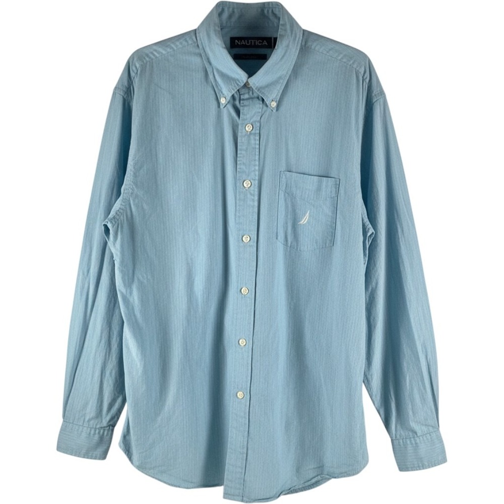 Nautica Button Down Shirt Mens XL Blue Pinstripe Cotton Long Sleeve Classic Prep